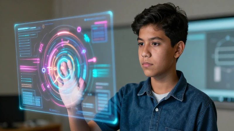 Tipos de violencia digital: Guía completa y recursos útiles 3 Estudiante mexicano interactúa con hologramas digitales