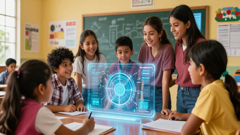 Clase mexicana vibrante con holograma educativo