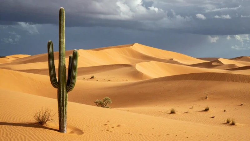 Desierto vasto, duna dorada bajo luz dramática