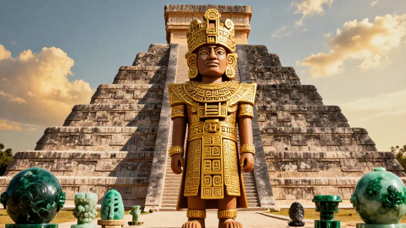 Toltecas: Historia, características y legado cultural 5 Noble Tolteca con oro ante pirámide majestuosa