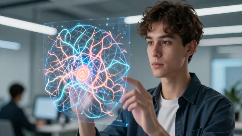 Joven con red neuronal holográfica realista