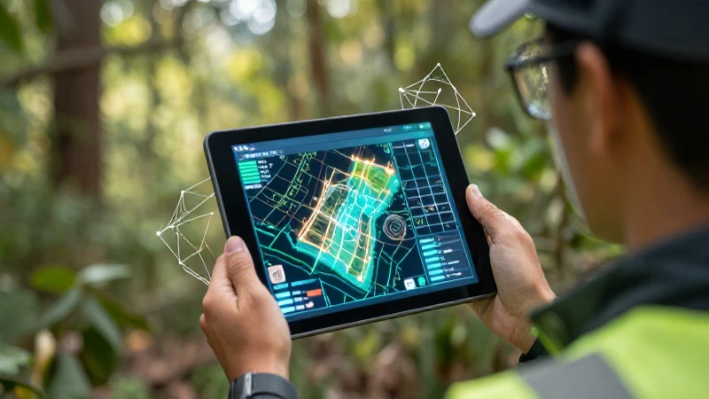 Topógrafo moderno con datos complejos en tablet