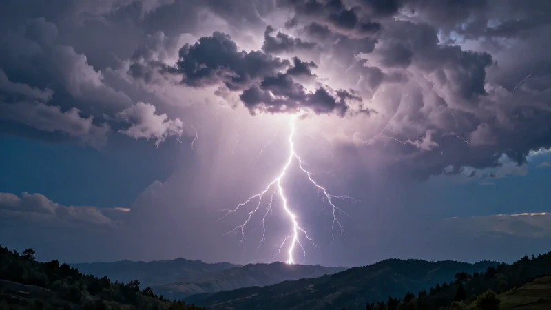 Tormenta dramática sobre montañas, iluminada por el cielo