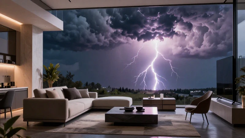 Interior seguro con tormenta, luces dramáticas y alto detalle