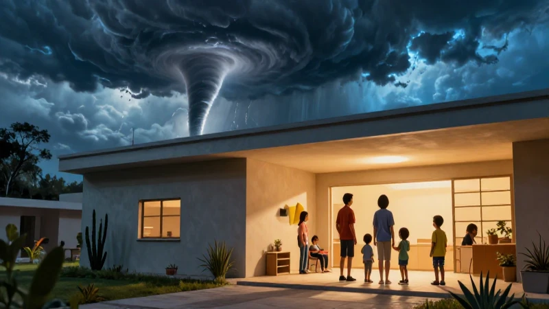 Familia busca refugio bajo una tormenta dramática