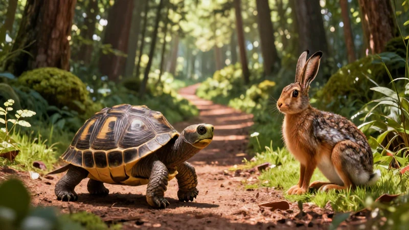 La fábula de la tortuga y el conejo: lecciones de perseverancia y velocidad 4 Tortuga y liebre en carrera forestal detallada