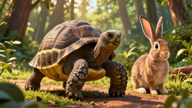 La fábula de la tortuga y el conejo: lecciones de perseverancia y velocidad 3 Tortuga decidida y conegorra en un bosque mágico