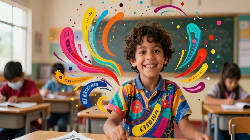 Niño sonriente con vibrantes patrones abstractos educativos