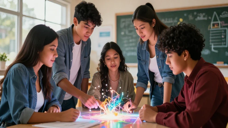 Trabajar Colaborativamente: Ventajas y Características Clave 5 Estudiantes mexicanos colaborando en proyecto brillante