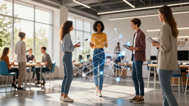 Trabajar Colaborativamente: Ventajas y Características Clave 6 Equipo joven colaborando en red digital moderna