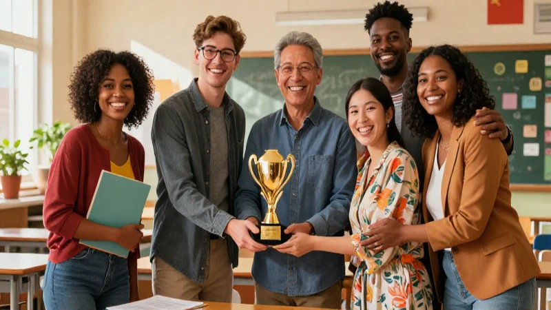 Educadores celebrando un logro con un premio brillante