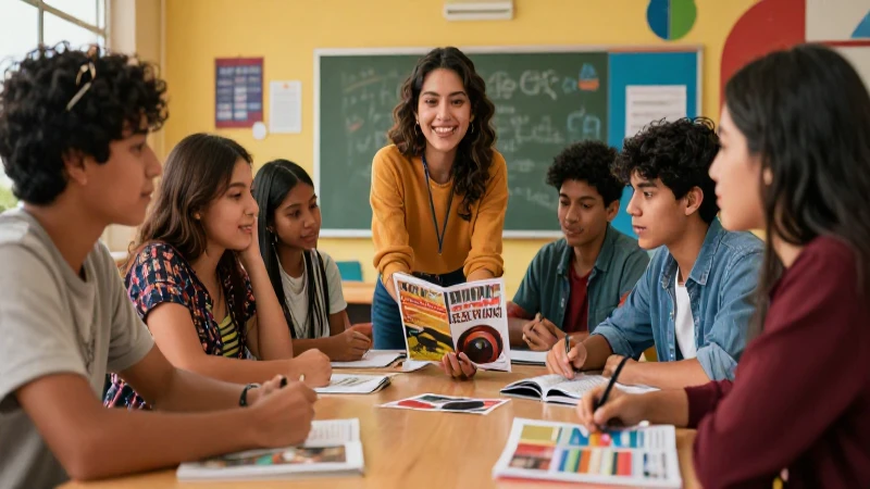 Estudiantes colaboran con entusiasmo en un aula moderna