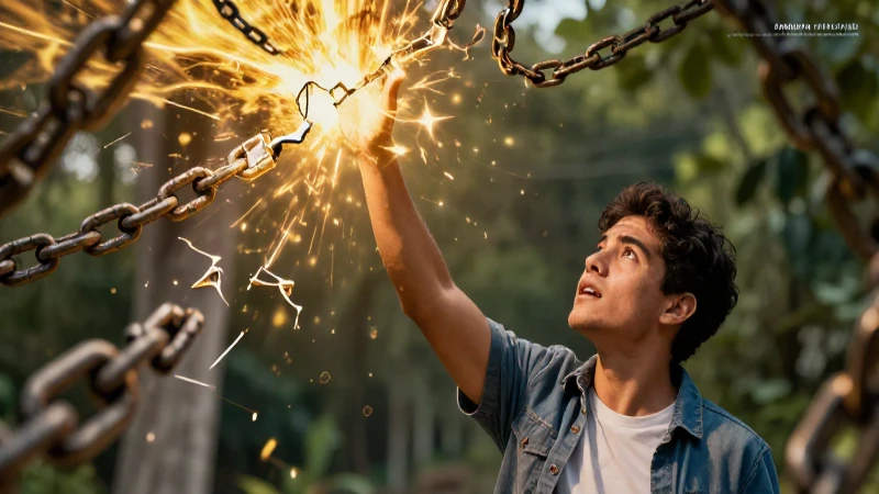 Joven determinado rompe cadenas hacia la transformación
