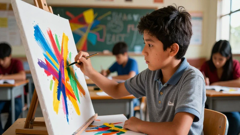 Trabajos de arte para primaria: creatividad y aprendizaje 8 Estudiante mexicano pinta con colores vibrantes en clase