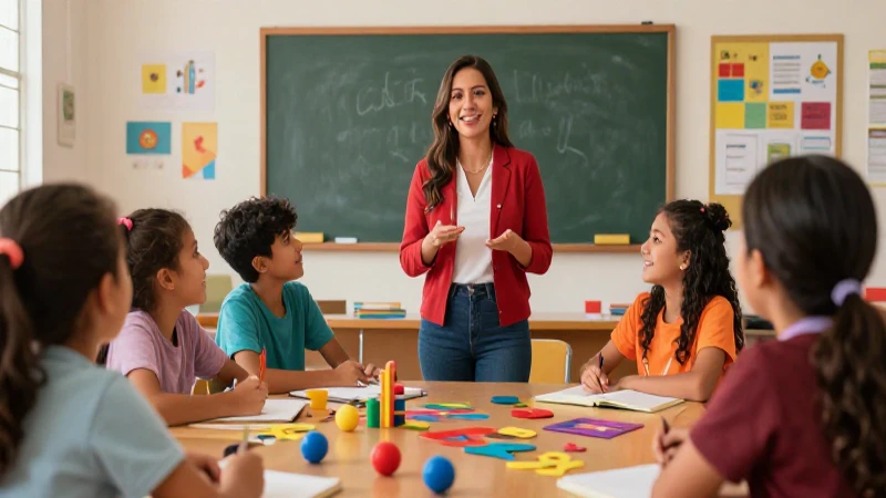 Trabalenguas: 20 Ejemplos Divertidos y 5 Cortos Fáciles 4 Maestro mexicano y alumnos alegres en clase vibrante