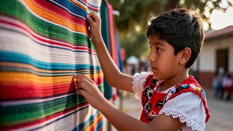 Tradicional: definición y concepto de lo tradicional 3 Estudiante mexicano interactúa con textil artesanal vibrante