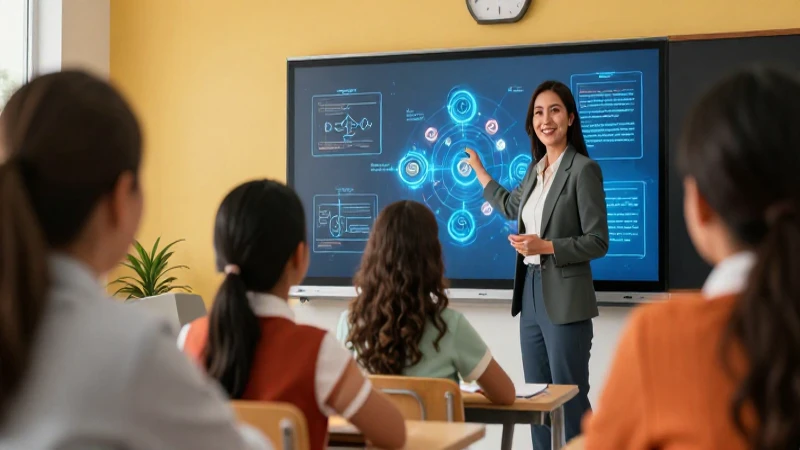 Maestra profesional en entorno educativo mexicano vibrante