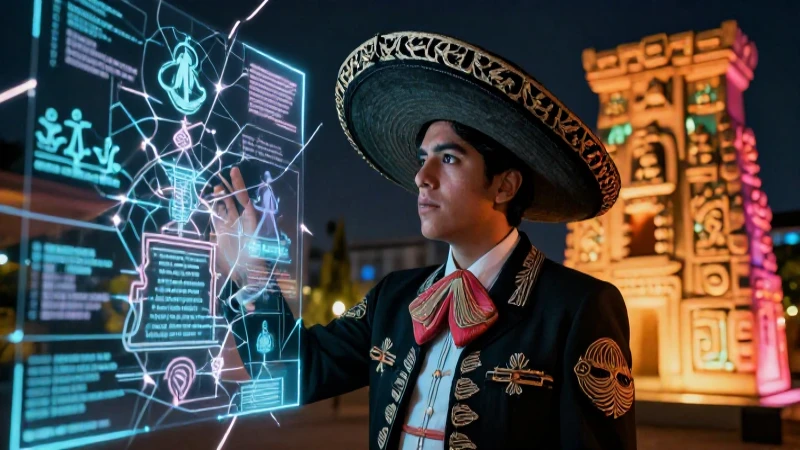 Joven observa normas fragmentadas sobre monolitos antiguos