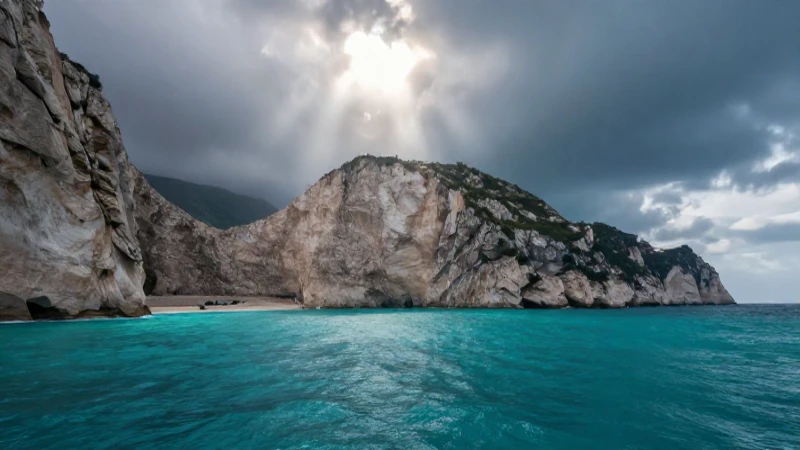 Costa dramática con luz celestial y misticismo