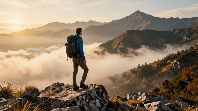 Trekking: Qué es, tipos, definición y concepto esencial 3 Excursionista dinámico en picos brumosos y dorados