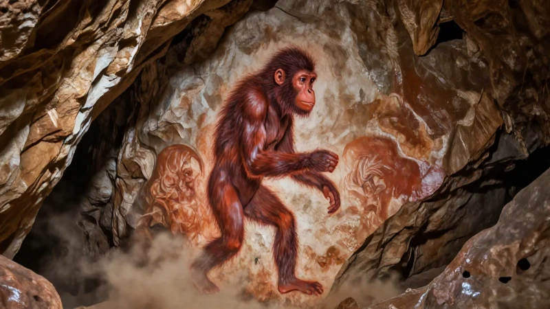 Ilustración realista de homínido en cueva con estilo educativo