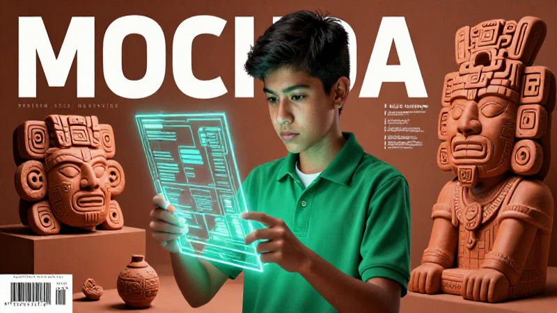 Estudiante mexicano con holograma y artefactos