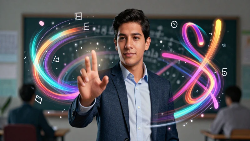 Educadora mexicana rodeada de símbolos lingüísticos vibrantes