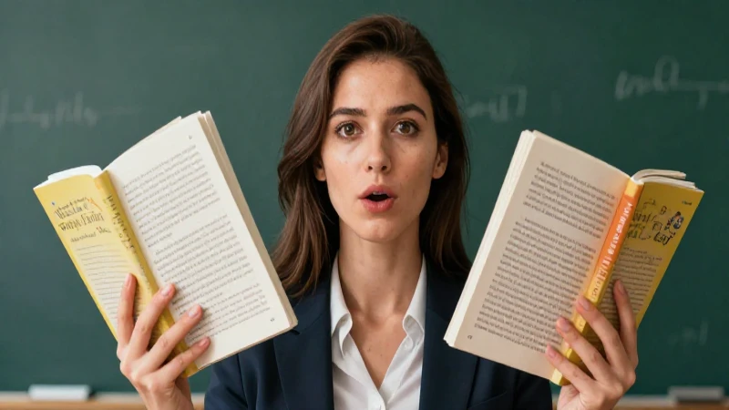 Profesora atractiva, libros idénticos, confusión lingüística