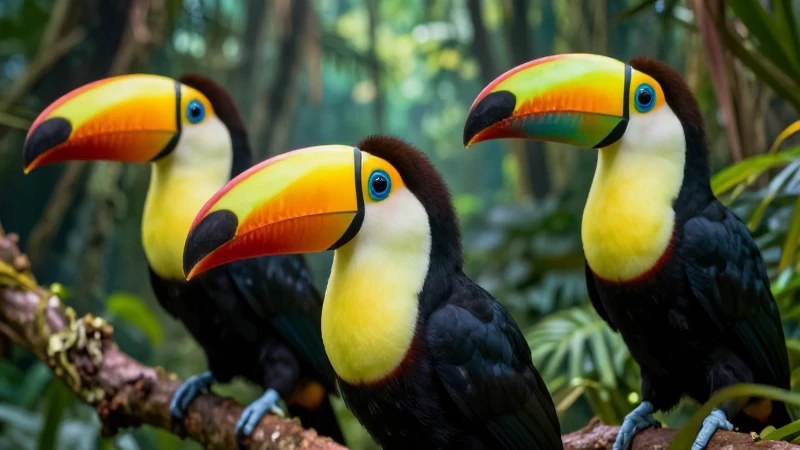 Tucán: Tipos, Alimentación y Características Esenciales 4 Tres tucanes coloridos en bosque vibrante