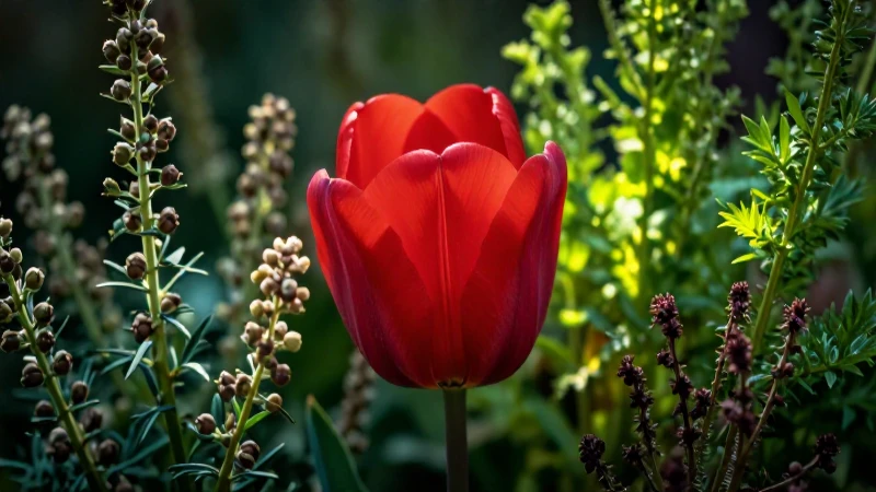 Tulipán: Qué es, características y usos en la medicina 6 Tulip rojo vibrante con hierbas medicinales en macro