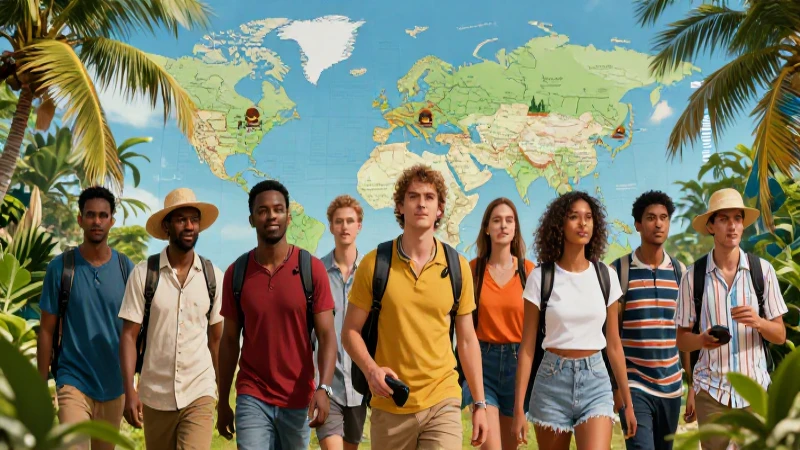 Viajeros modernos en vibrante mapa tropical