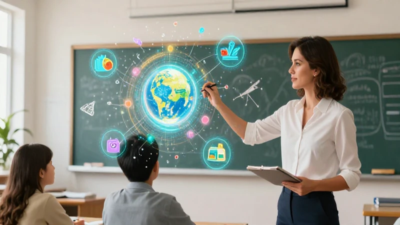 Maestra mexicana con mapa conceptual en aula moderna