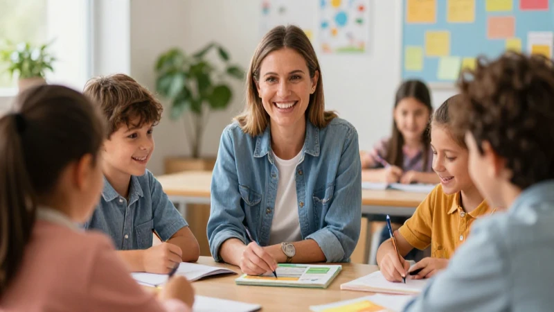 Tutora profesional enseña feliz a niños diversos