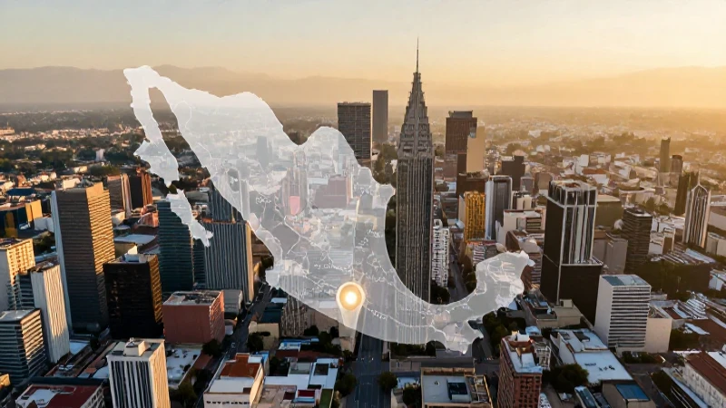 Vista aérea moderna de México con mapa y luz dorada