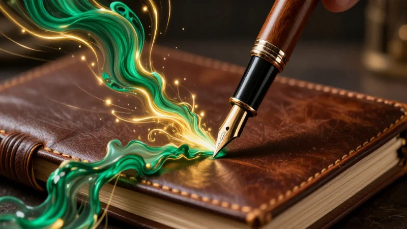 Bolígrafo dorado sobre cuaderno antiguo brillante