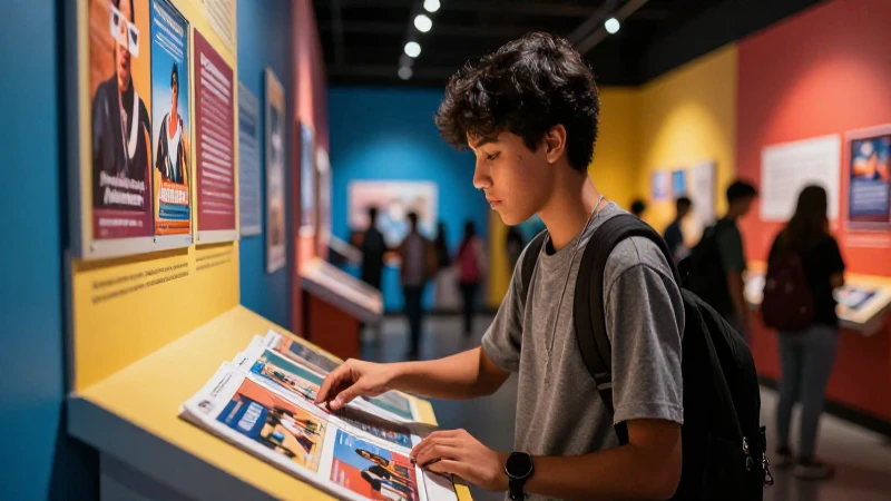 Joven mexicano observa instalación educativa vibrante