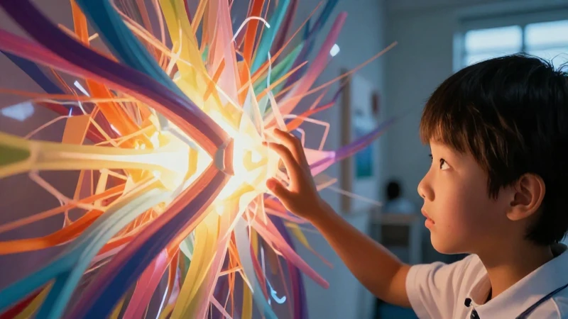 Estudiante toca estructura abstracta de luz vibrante