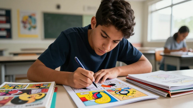 Joven mexicano concentrado creando vibrantes cómics