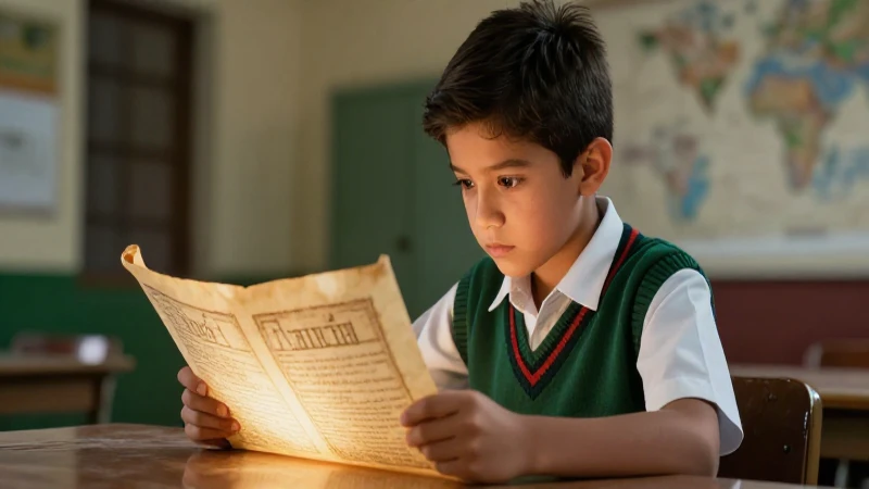 Estudiante mexicano estudia pergamino con iluminación dramática