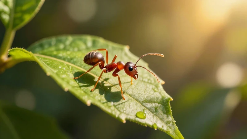 Una hormiguita buscando su casita: Aventura y hogar 8 Hormiga explorando hoja en luz dorada