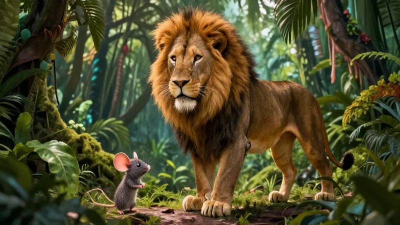 León y ratón en vibrante selva mexicana