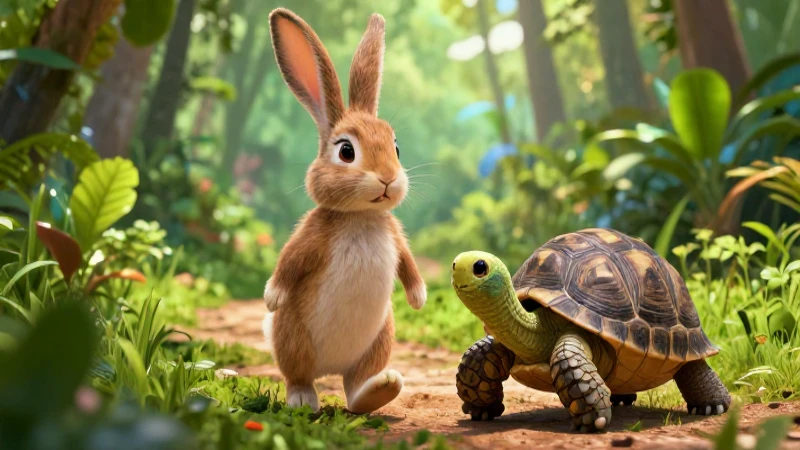 Conejo y tortuga en camino, ilustración educativa vibrante