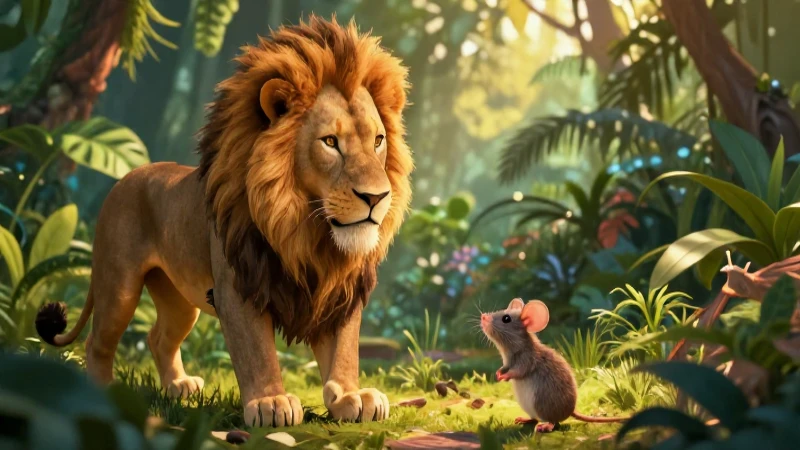 León majestuoso y ratón en selva vibrante