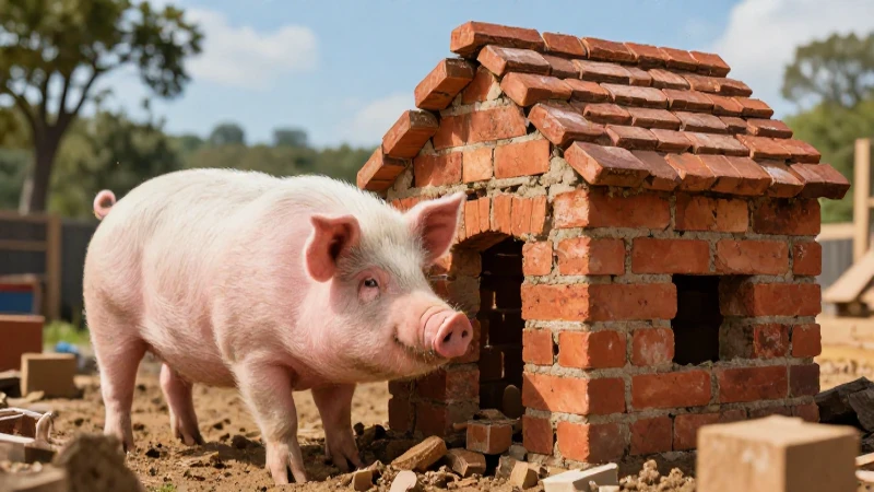 Cerdo construye casa de ladrillos con estilo profesional