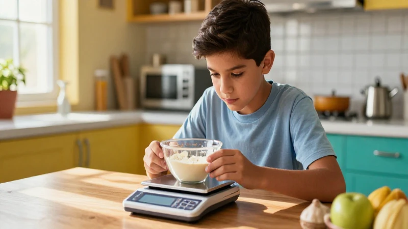 Estudiante mide ingredientes en cocina moderna