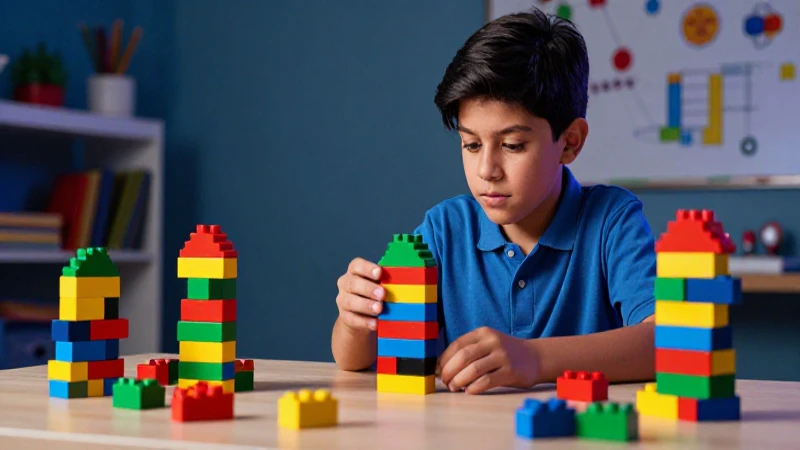 Estudiante mexicano con bloques educativos vibrantes