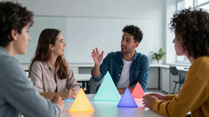 Estudiante interactúa con formas geométricas vibrantes y brillantes