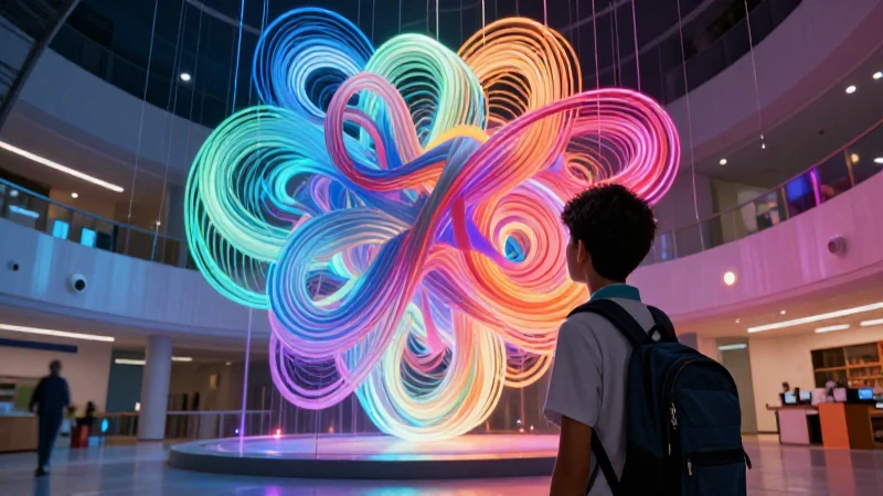 Joven mexicano observa estructura abstracta brillante