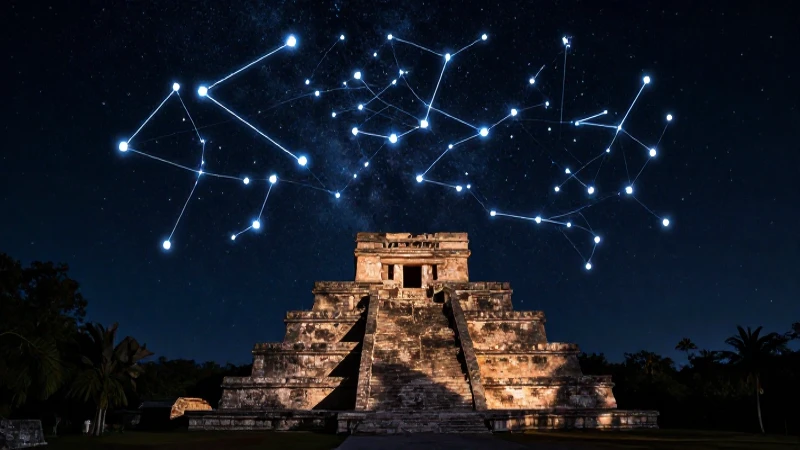 Upa Chalupa: Descubriendo Constelaciones Impresionantes 7 Mapa estelar sobre ruinas mesoamericanas