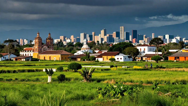 Contraste rural mexicano con moderno skyline